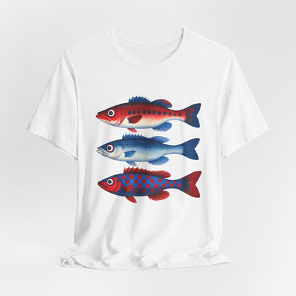 Americana Fish Trio Graphic Tee — Nautical Red & Blue Coastal T-Shirt