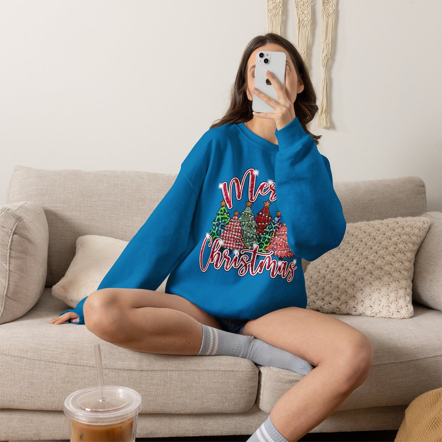 Merry Christmas Crewneck Sweatshirt - Festive Plaid Christmas Trees Holiday Sweatshirt