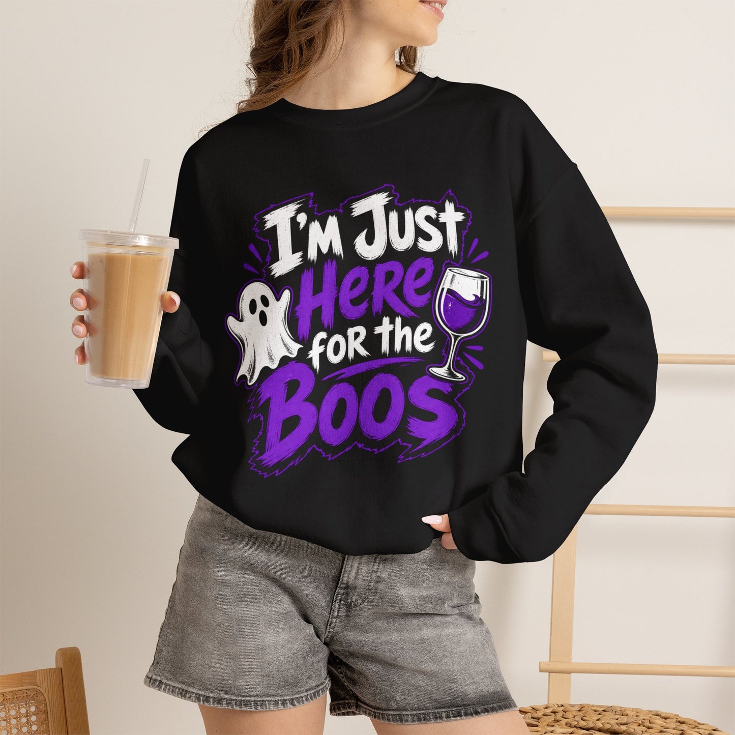 I'm Just Here for the Boos Halloween Sweatshirt — Ghost & Wine Graphic Crewneck