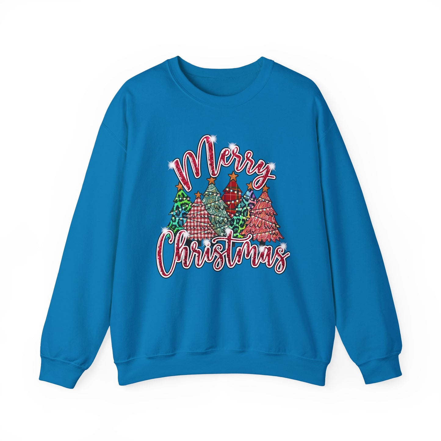 Merry Christmas Crewneck Sweatshirt - Festive Plaid Christmas Trees Holiday Sweatshirt