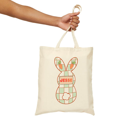 Personalized Plaid Easter Bunny Tote Bag - Custom Name Cotton Canvas