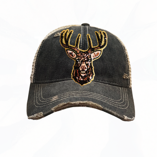 BIG Glitter BUCK Hunt Trucker Hats -  Black or Camo