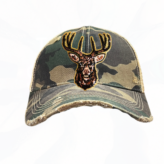 BIG Glitter BUCK Hunt Trucker Hats -  Black or Camo