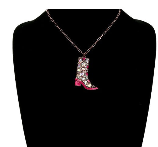 Western Bling Cowboy Boot Chain Necklace - Pink or Black