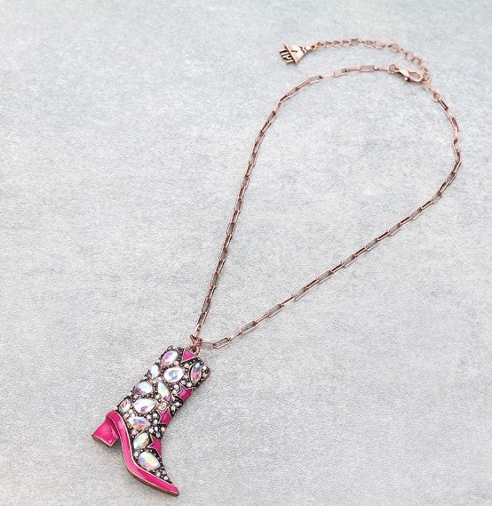 Western Bling Cowboy Boot Chain Necklace - Pink or Black