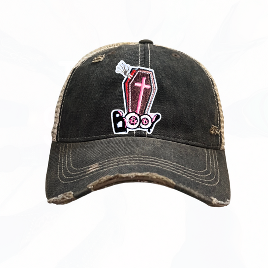 BOO Halloween Coffin Trucker Hats -  Fun Colors