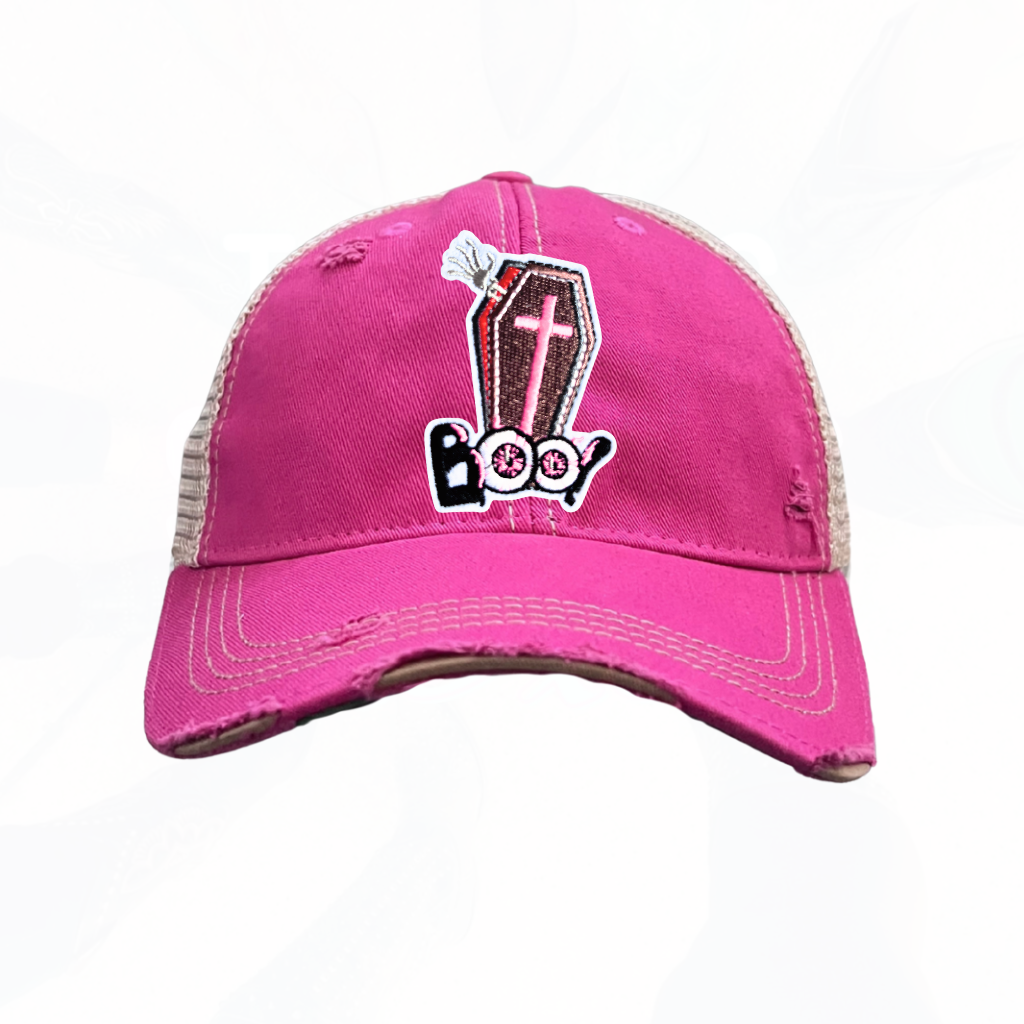BOO Halloween Coffin Trucker Hats -  Fun Colors