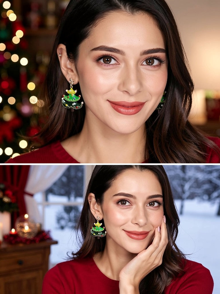 Bow Christmas Tree Dangle Post Earrings