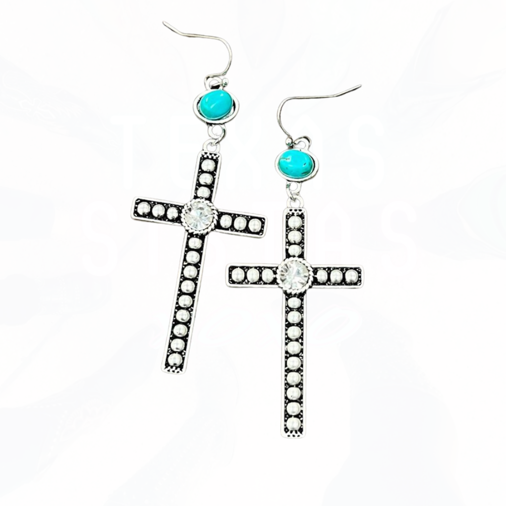 Cross Bling Turquoise Design Drop Earrings