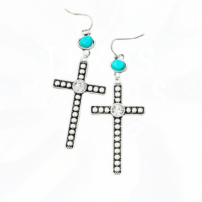 Cross Bling Turquoise Design Drop Earrings
