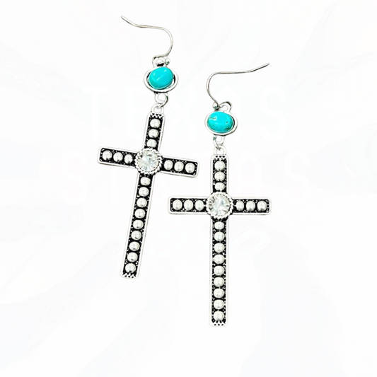 Cross Bling Turquoise Design Drop Earrings