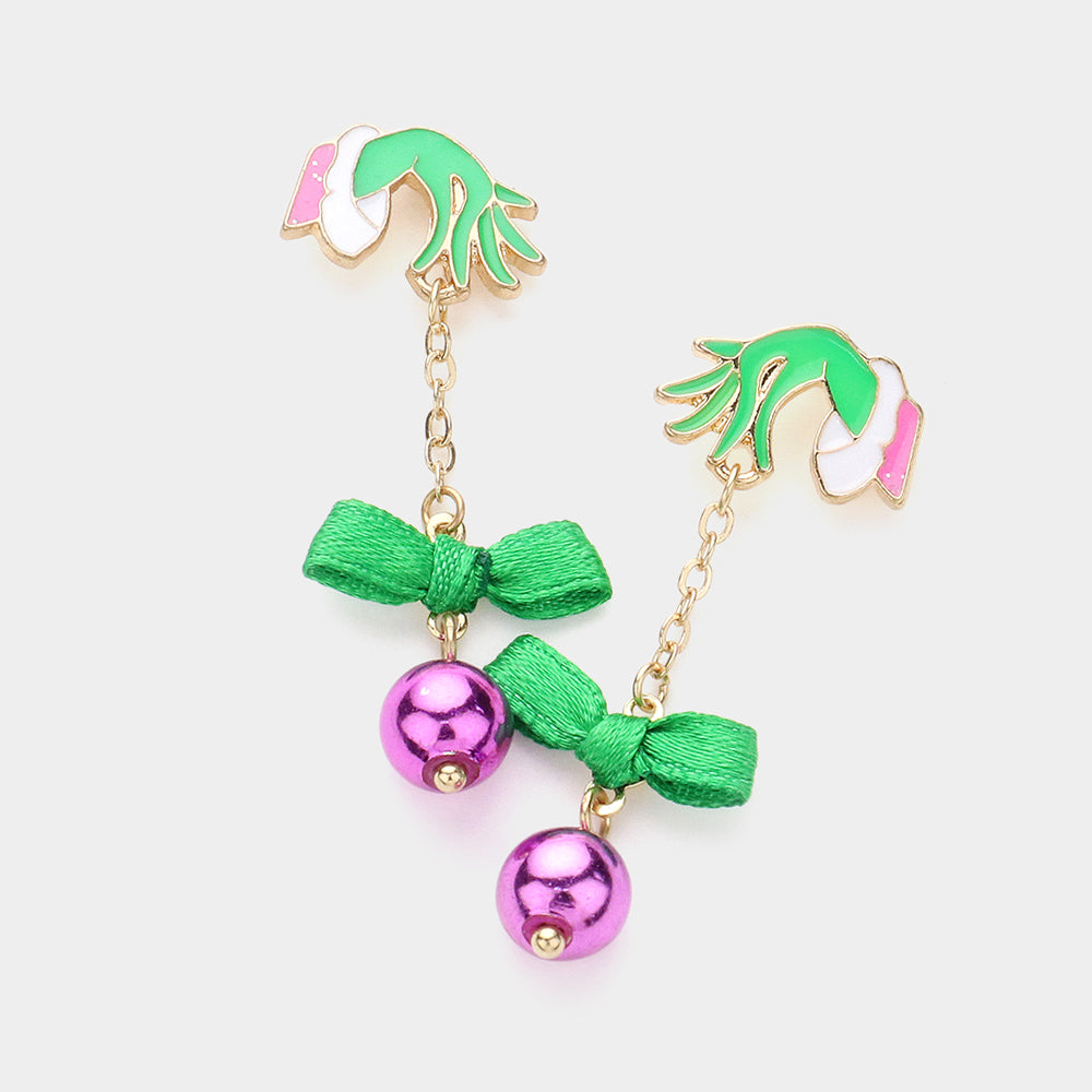 Christmas Grinch Hand Bow Ball Drop Post Earrings