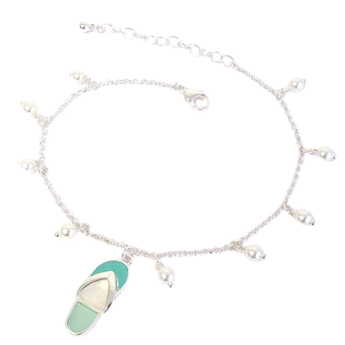 Sea Glass Flip Flop ANKLE BRACELET Silver Drop Beads Anklet