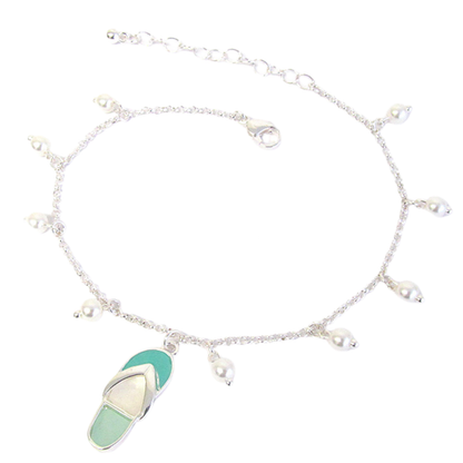Sea Glass Flip Flop ANKLE BRACELET Silver Drop Beads Anklet