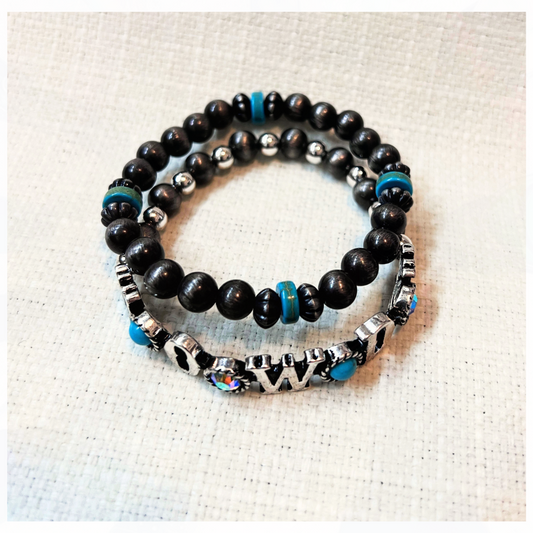 Silver & Turquoise HOWDY Stretch Bracelet Set