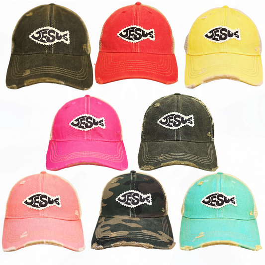 JESUS FISH PATCH HATS- 8 COLORS