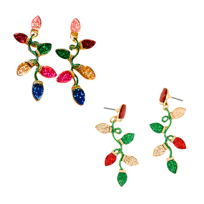 Glitter Christmas Lights Dangle Post Earrings - Red or Pink