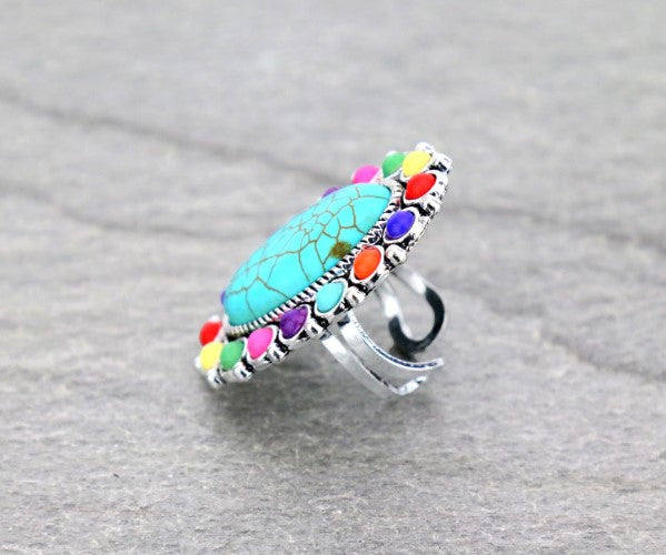 Concho Multi Color Starburst Turquoise Cuff Ring