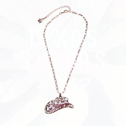 Western Bling Cowboy Hat Chain Necklace - Pink Copper