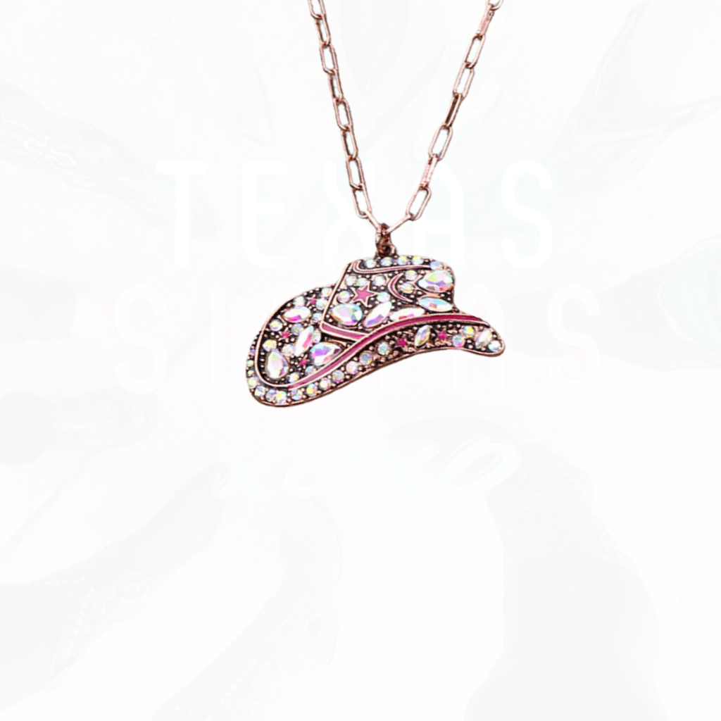Western Bling Cowboy Hat Chain Necklace - Pink Copper