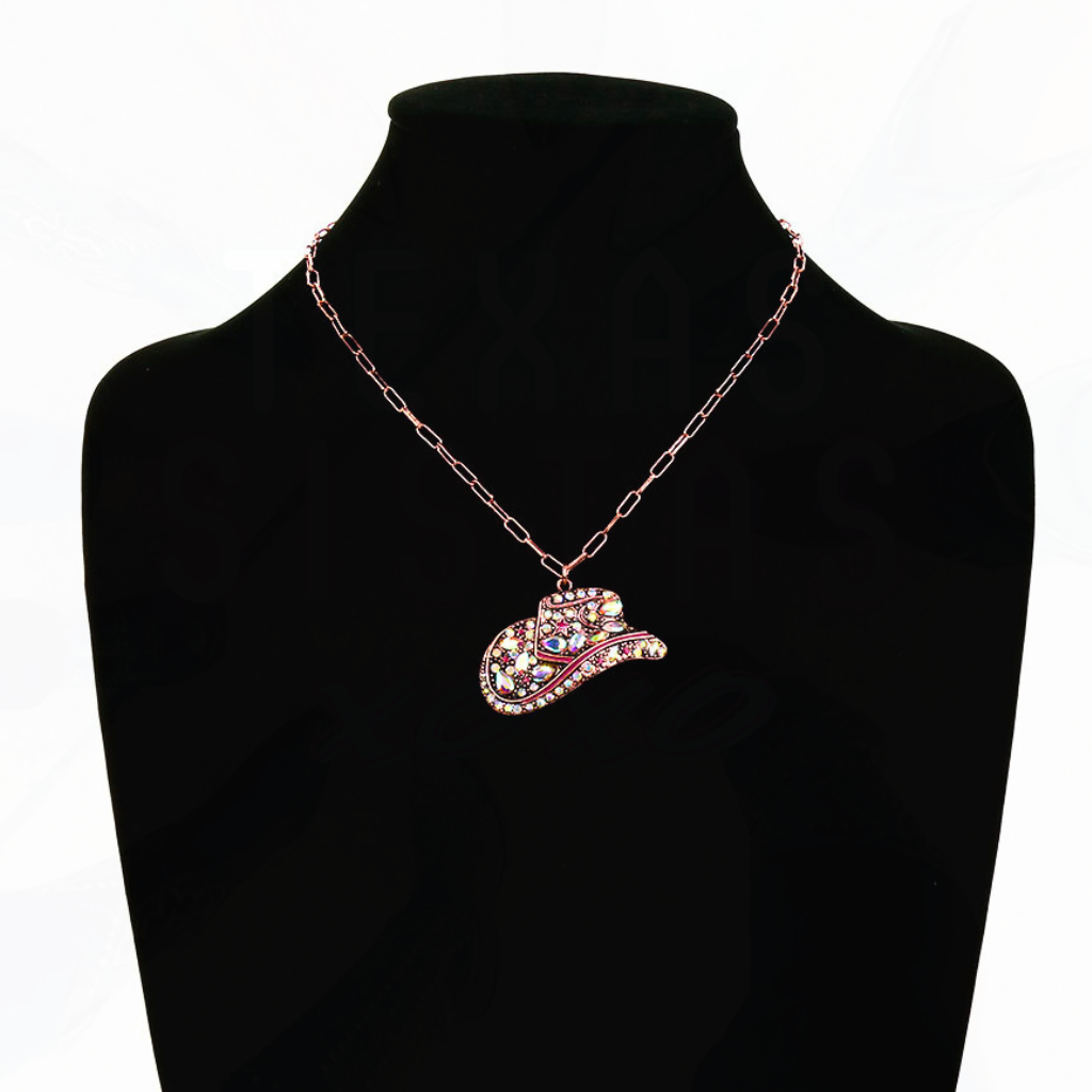 Western Bling Cowboy Hat Chain Necklace - Pink Copper