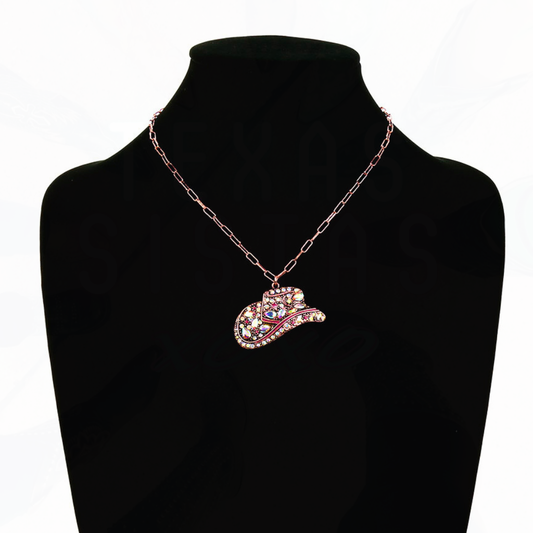 Western Bling Cowboy Hat Chain Necklace - Pink Copper