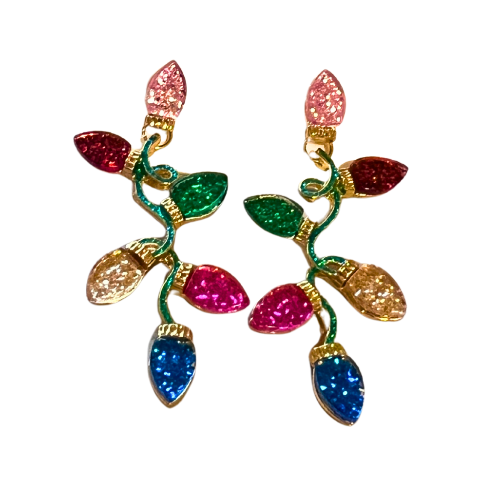 Glitter Christmas Lights Dangle Post Earrings - Red or Pink