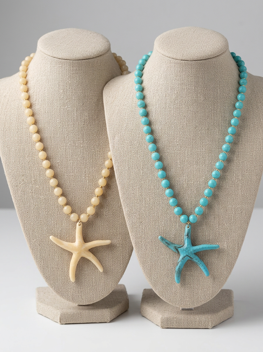 Marble Bead Sea Life Starfish Gold Necklace - Turquoise or Ivory