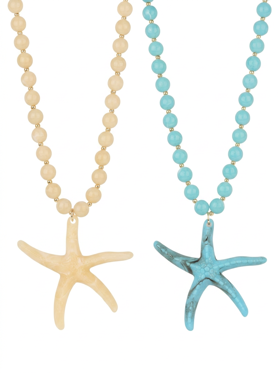 Marble Bead Sea Life Starfish Gold Necklace - Turquoise or Ivory
