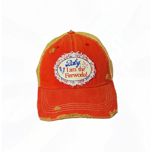 Baby, I am the FIREWORKS! 4th of July Vintage Distressed Hat Red