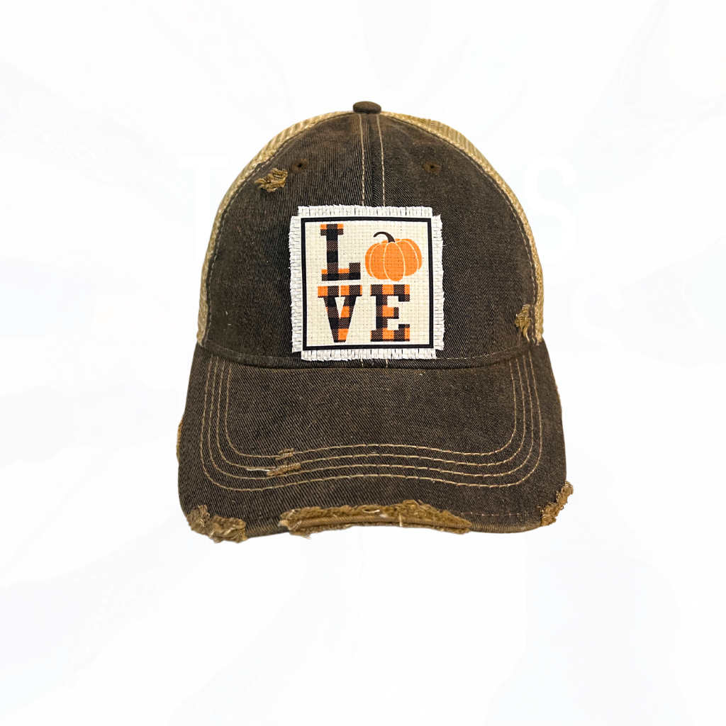 Check Love Pumpkin Distressed Trucker Hat