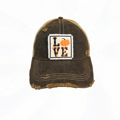 Check Love Pumpkin Distressed Trucker Hat