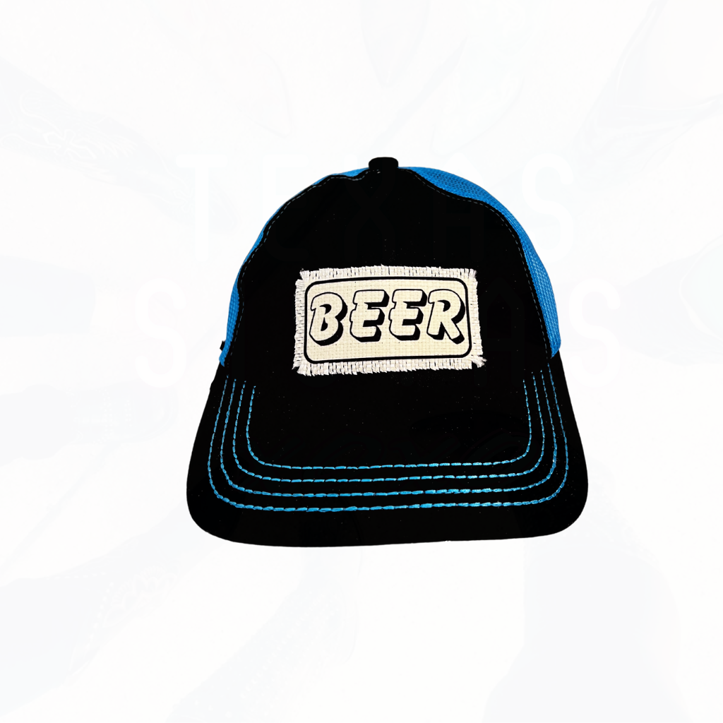 Texas Sistas BEER patch on C.C Black & Blue Trucker Hat