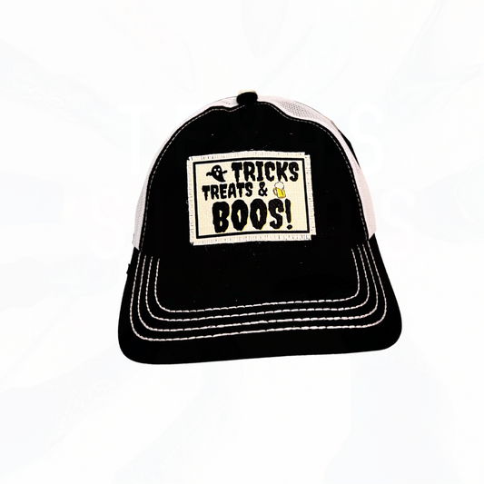 Tricks Treats & BOOS! patch on C.C Black & White Trucker Hat