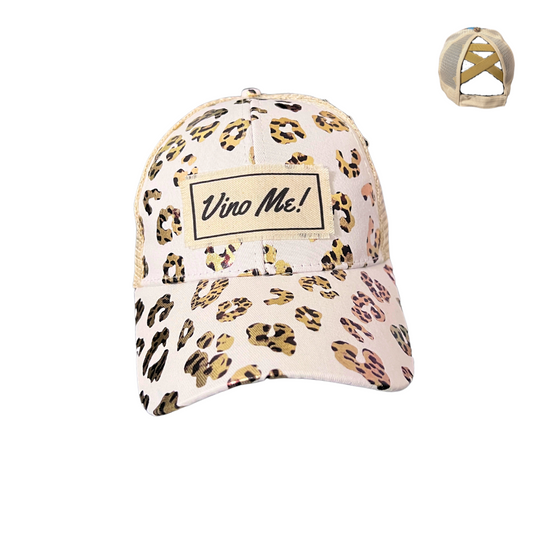 VINO Me! White Cream Criss Cross Hat w/ Metallic Leopard Accents