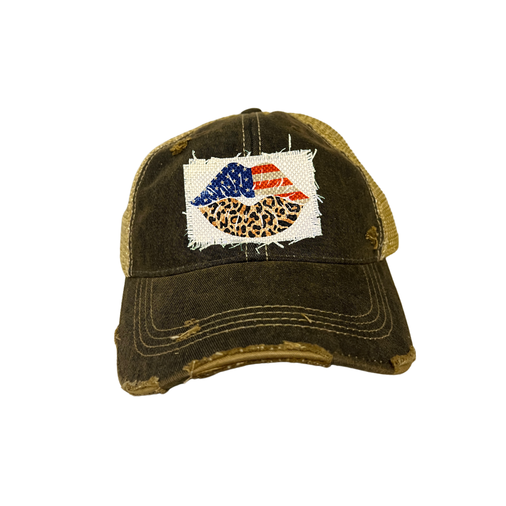 American Flag Leopard Lips Distressed Trucker Hat