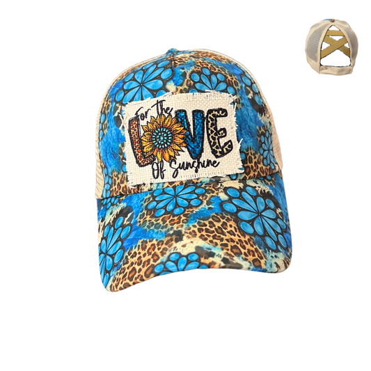 For The Love of Sunshine Turquoise Sunflower Leopard Criss Cross Hat