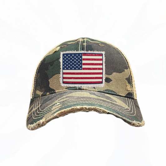 American Flag Patch Distressed Camo Trucker Hat