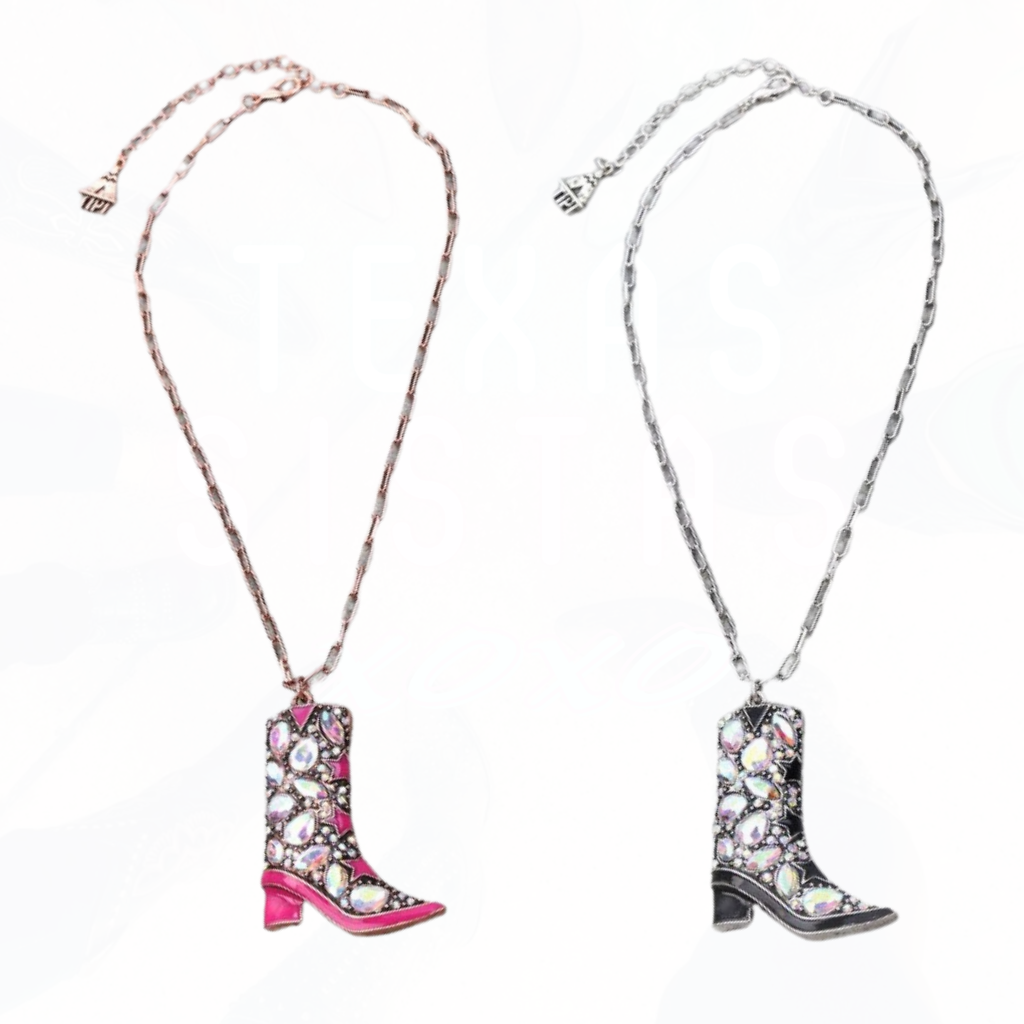 Western Bling Cowboy Boot Chain Necklace - Pink or Black