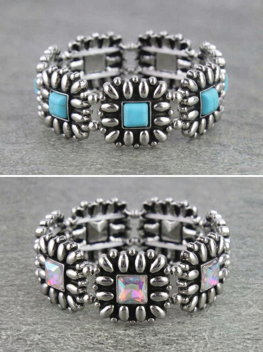 Western Floral Square Bracelets- Turquoise or AB