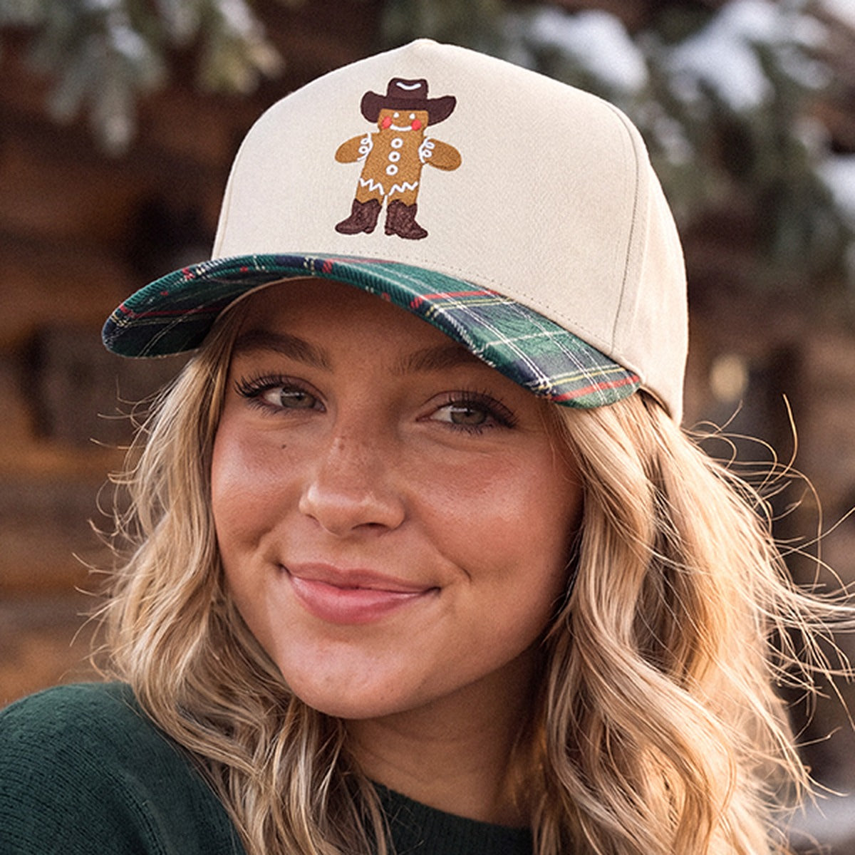 C.C Cowboy Gingerbread Christmas plaid trucker hat - Green - worn