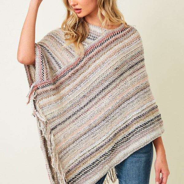 Multicolor Fringe Poncho Ivory