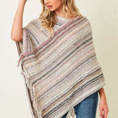 Multicolor Fringe Poncho Ivory