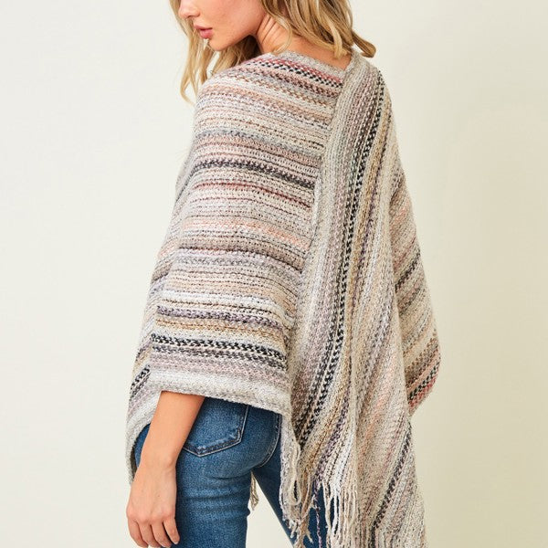 Multicolor Fringe Poncho Ivory