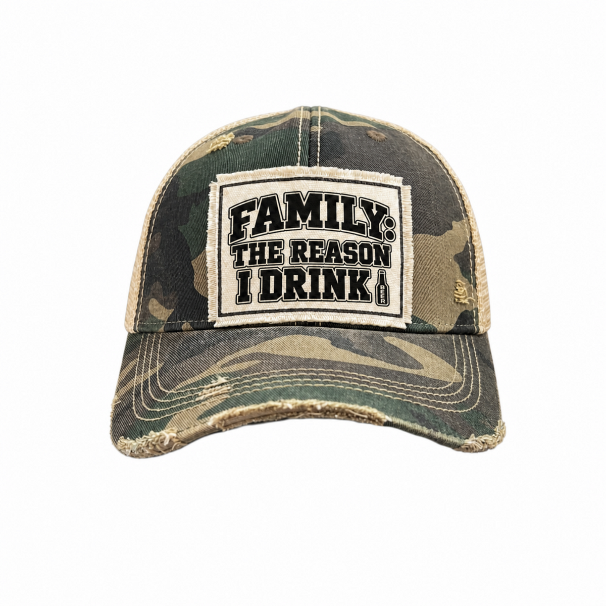 FAMILY: THE REASON I DRINK patch trucker hat (beer version) - Camo