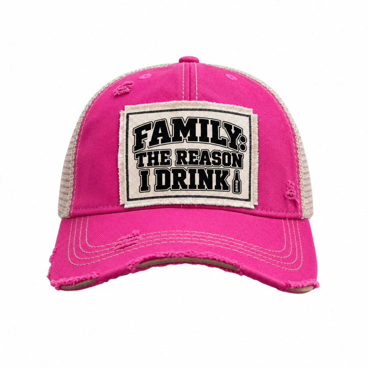 FAMILY: THE REASON I DRINK patch trucker hat (beer version) - Hot Pink