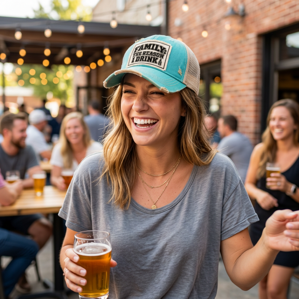 Woman at an outdoor beer garden wearing the teal FAMILY: THE REASON I DRINK patch trucker hat