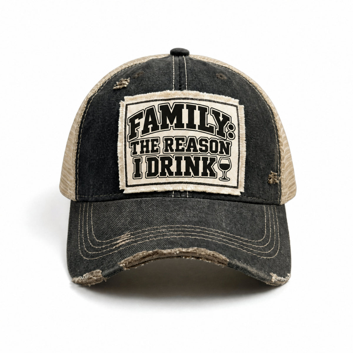 FAMILY: THE REASON I DRINK patch trucker hat (wine version) - Black, angled view