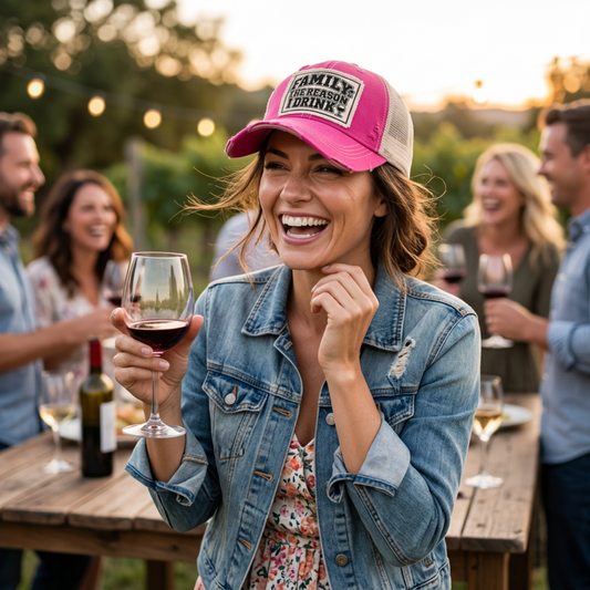 Woman at an outdoor wine party wearing the hot pink FAMILY: THE REASON I DRINK patch trucker hat
