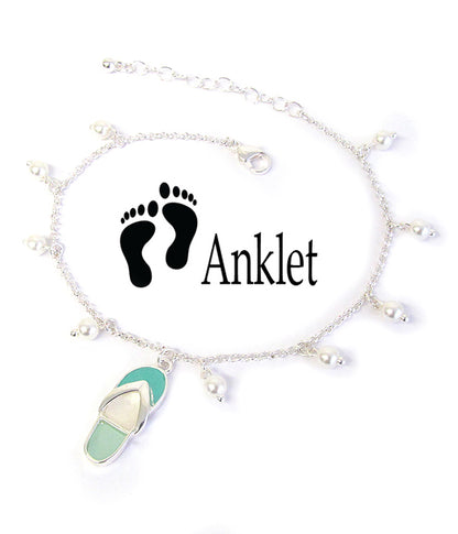 Sea Glass Flip Flop ANKLE BRACELET Silver Drop Beads Anklet